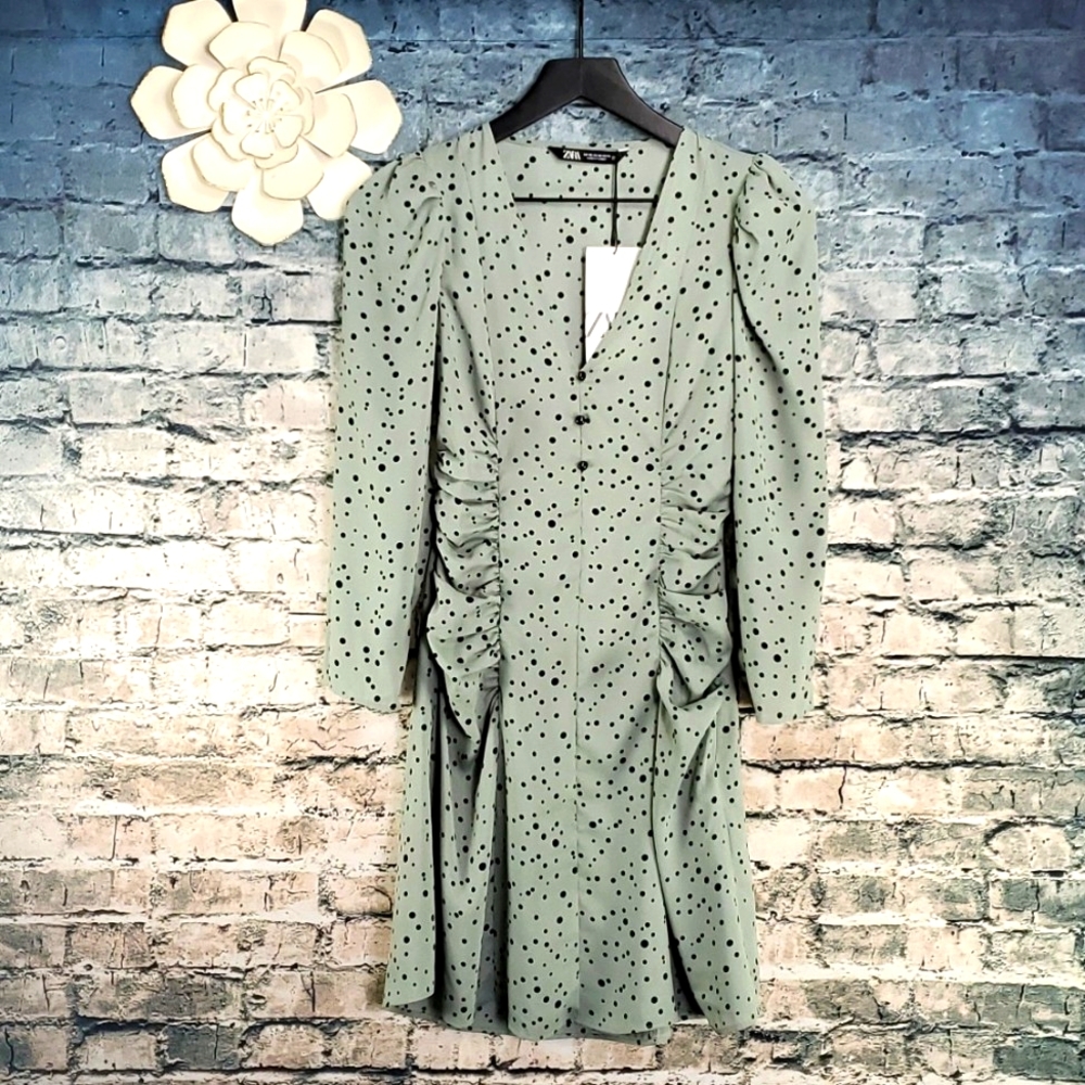 Zara | Green and Black Polka Dot Side Ruched Career Wear Dress